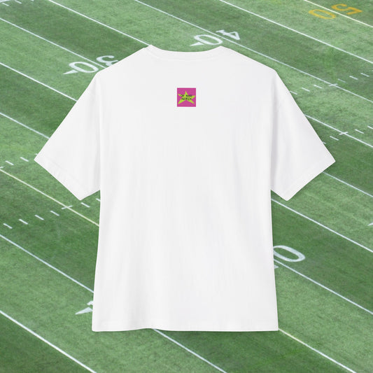 Back view, Oh Mine Words Brand Logo Screen, of Unisex Oversized "Classic American Football (White)" T-shirt - Unique Fashion Tops Design for 4th of July, Front and Back Print.