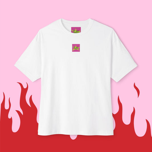 Front view, Oh Mine Words Brand Logo Screen, of unisex oversized "A mother's love is endless" white t-shirt, back view - unique fashion tops, funny quote for adulthood and Mother's day. Front and Back Print.