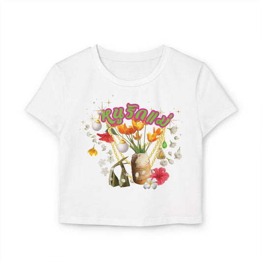 Front view of "Limited Edition หนูรักแม่ (Style-07) Baby Tee" slim fit white tee - Unique fashion tops - Thai culture inspired, exotic design, standout, chic and cool. Perfect for everyday casual, summer and Mother's day. Front and back printed - Oh Mine Words