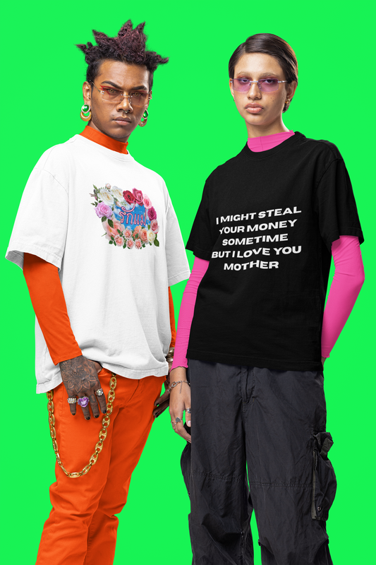 Left man wearing "รักแม่ (วงกุหลาบ) - Love Mom (Roses Circle)" white t-shirt, Right man wearing "I Might Steal Your Money Sometime But I Love You Mother" black t-shirt. Unique Fashion Tops Design - Unisex Oversized Tee, Rose graphic, Funny quote, Thai-twist, for adulthood and Mother's day - Front and Back print - Oh Mine Words.