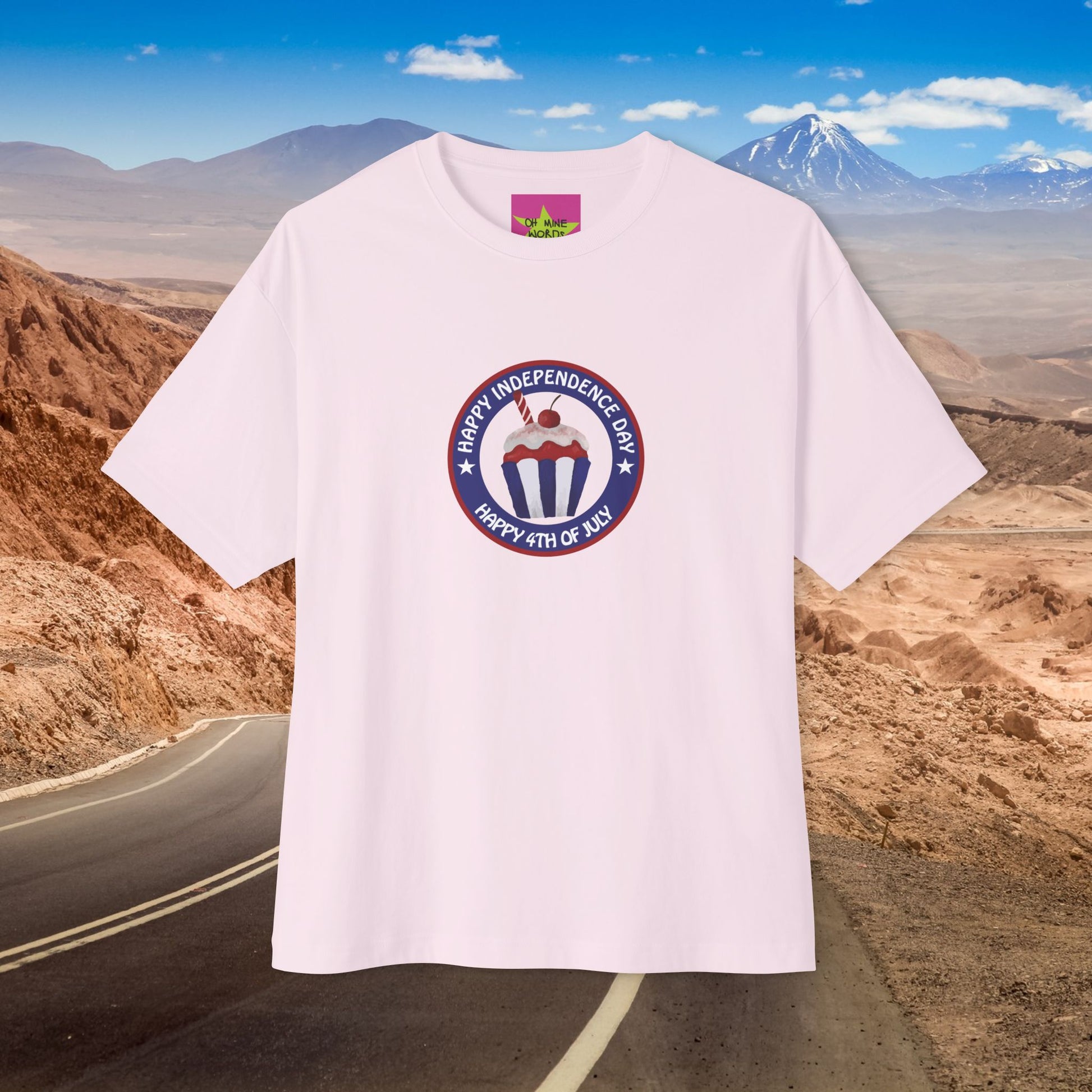 A Cupcake of America, Unisex Oversized Soft Pink T-shirt for 4th of July at front view – Unique Fashion Tops – Classic and Timeless Design, Cool and Comfortable for every proud American. Front and Back Print – Oh Mine Words