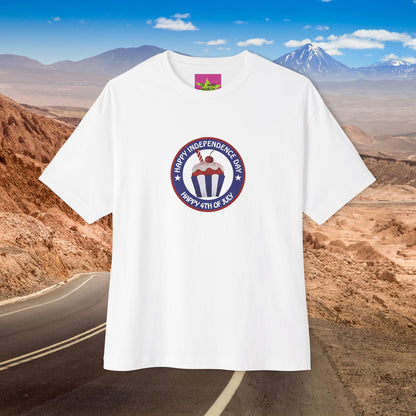 A Cupcake of America, Unisex Oversized White T-shirt for 4th of July at front view – Unique Fashion Tops – Classic and Timeless Design, Cool and Comfortable for every proud American. Front and Back Print – Oh Mine Words