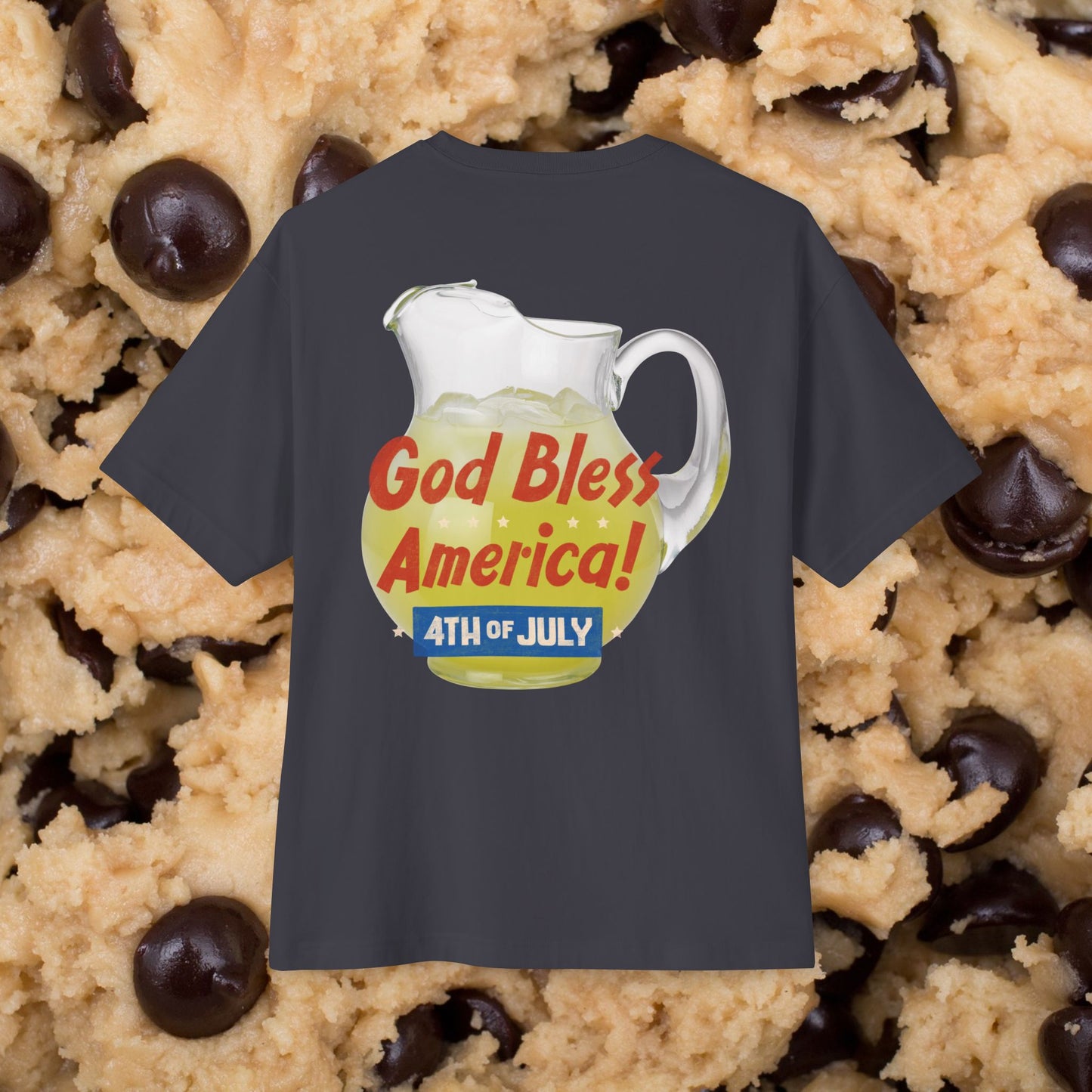 A Jug of America (Lemonade), Unisex Oversized Dark Grey T-shirt for 4th of July at back view – Unique Fashion Tops – Cool and Fun Design, Comfortable and Relax Fits. Front and Back Print – Oh Mine Words