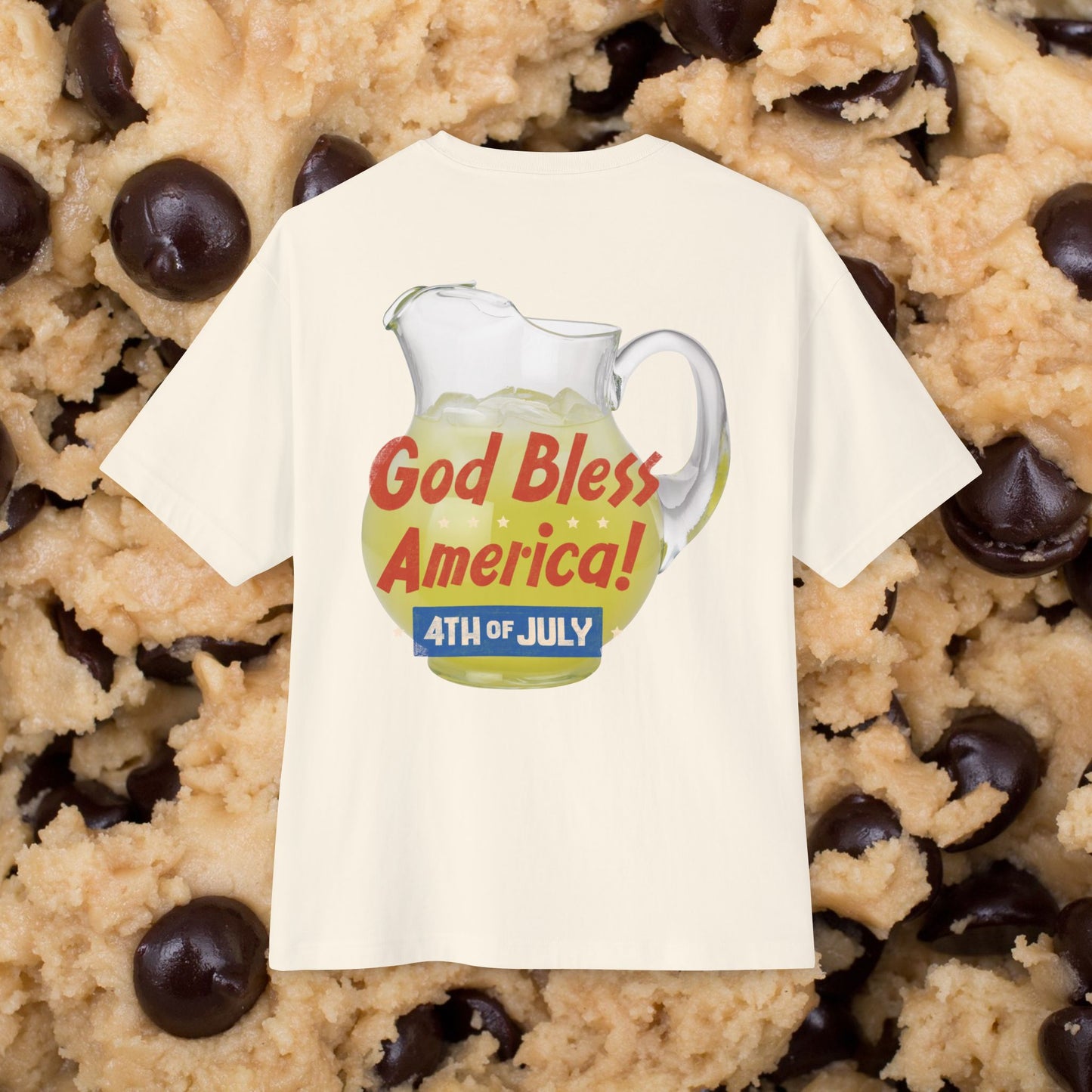 A Jug of America (Lemonade), Unisex Oversized (Natural Color) T-shirt for 4th of July at back view – Unique Fashion Tops – Cool and Fun Design, Comfortable and Relax Fits. Front and Back Print – Oh Mine Words