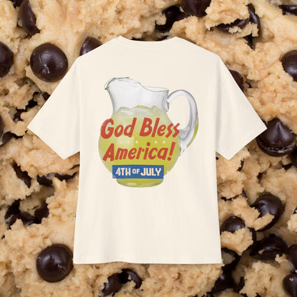 A Jug of America (Lemonade), Unisex Oversized (Natural Color) T-shirt for 4th of July at back view – Unique Fashion Tops – Cool and Fun Design, Comfortable and Relax Fits. Front and Back Print – Oh Mine Words