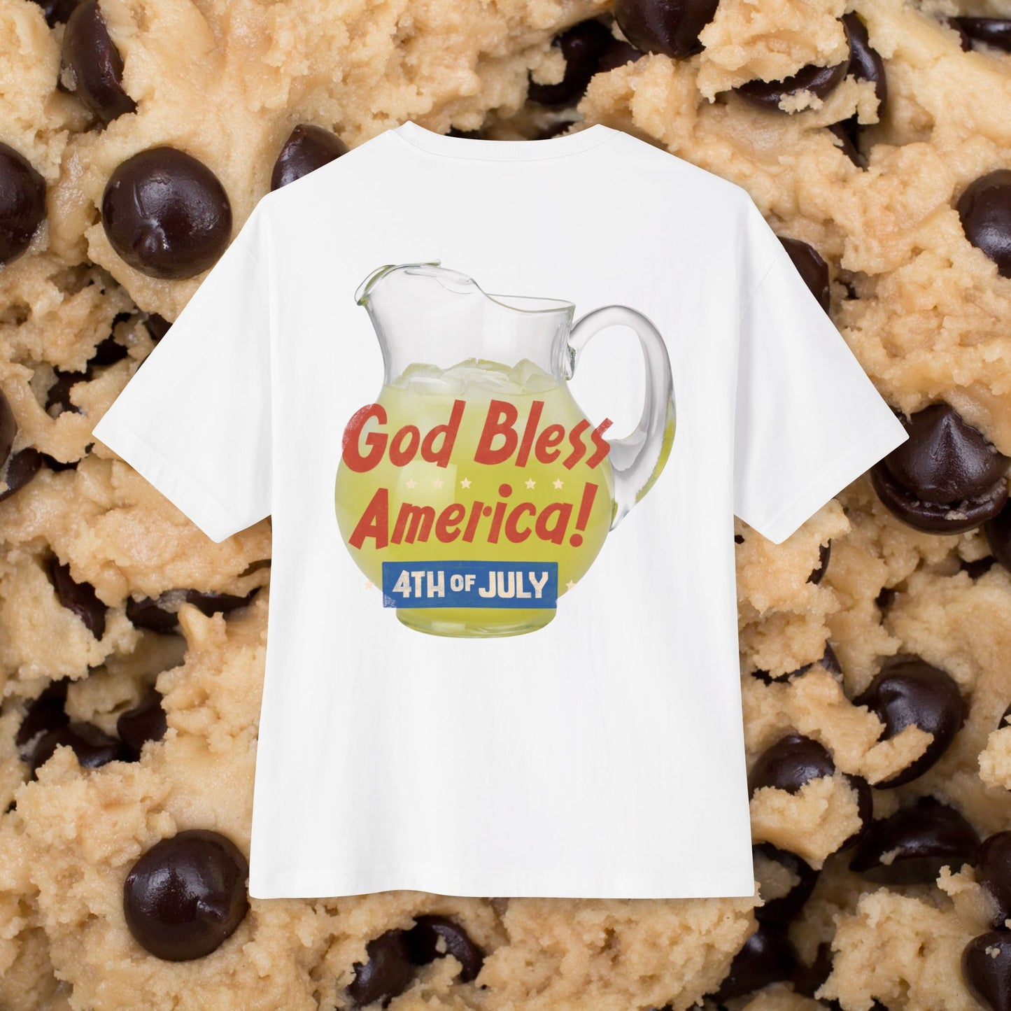 A Jug of America (Lemonade), Unisex Oversized White T-shirt for 4th of July at back view – Unique Fashion Tops – Cool and Fun Design, Comfortable and Relax Fits. Front and Back Print – Oh Mine Words 