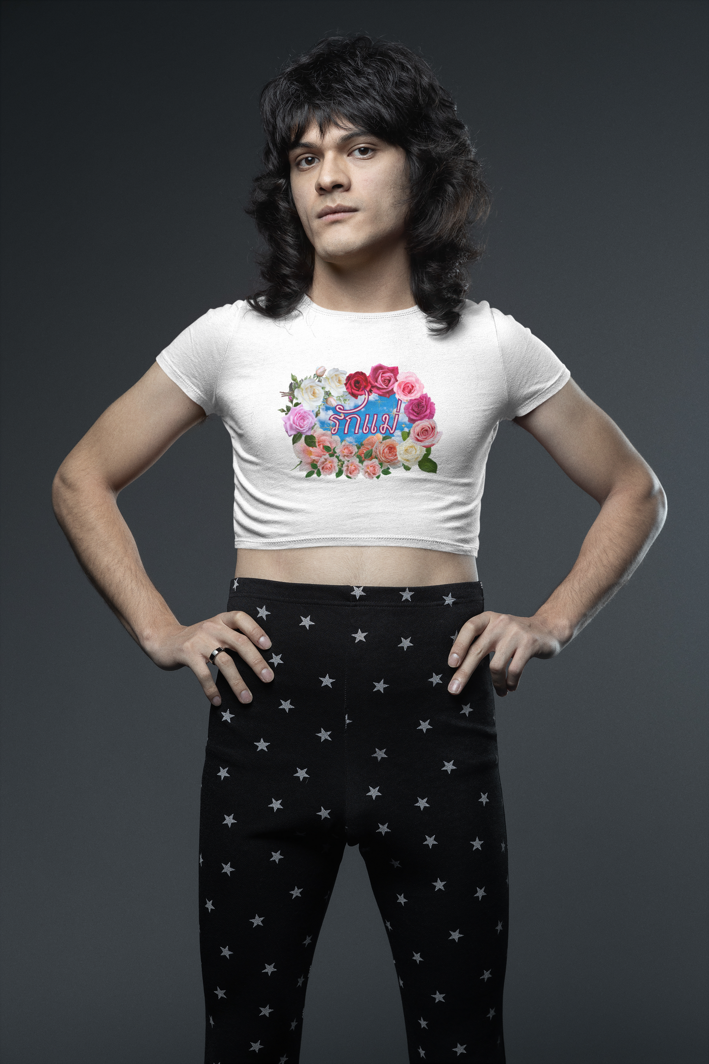 A man wearing "รักแม่ เบบี้ที (วงดอกกุหลาบ) - Love Mom Baby Tee (Roses Circle)" at front view, white baby tee/ crop top/ slim fit tee - Unique fashion tops for casual wear and Mother's day - Thai twist Y2k style - Front and Back printed T-shirt - Oh Mine Words