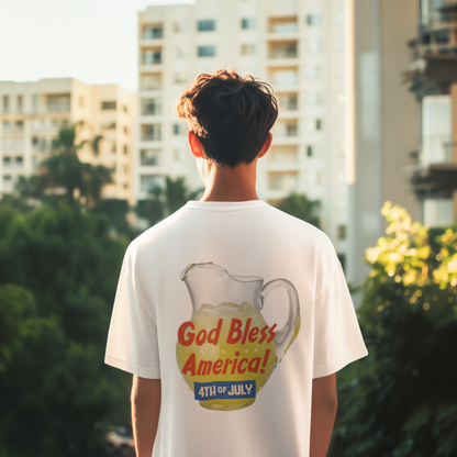 A man wearing A Jug of America (Lemonade), Unisex Oversized White T-shirt for 4th of July at back view – Unique Fashion Tops – Cool and Fun Design, Comfortable and Relax Fits. Front and Back Print – Oh Mine Words 