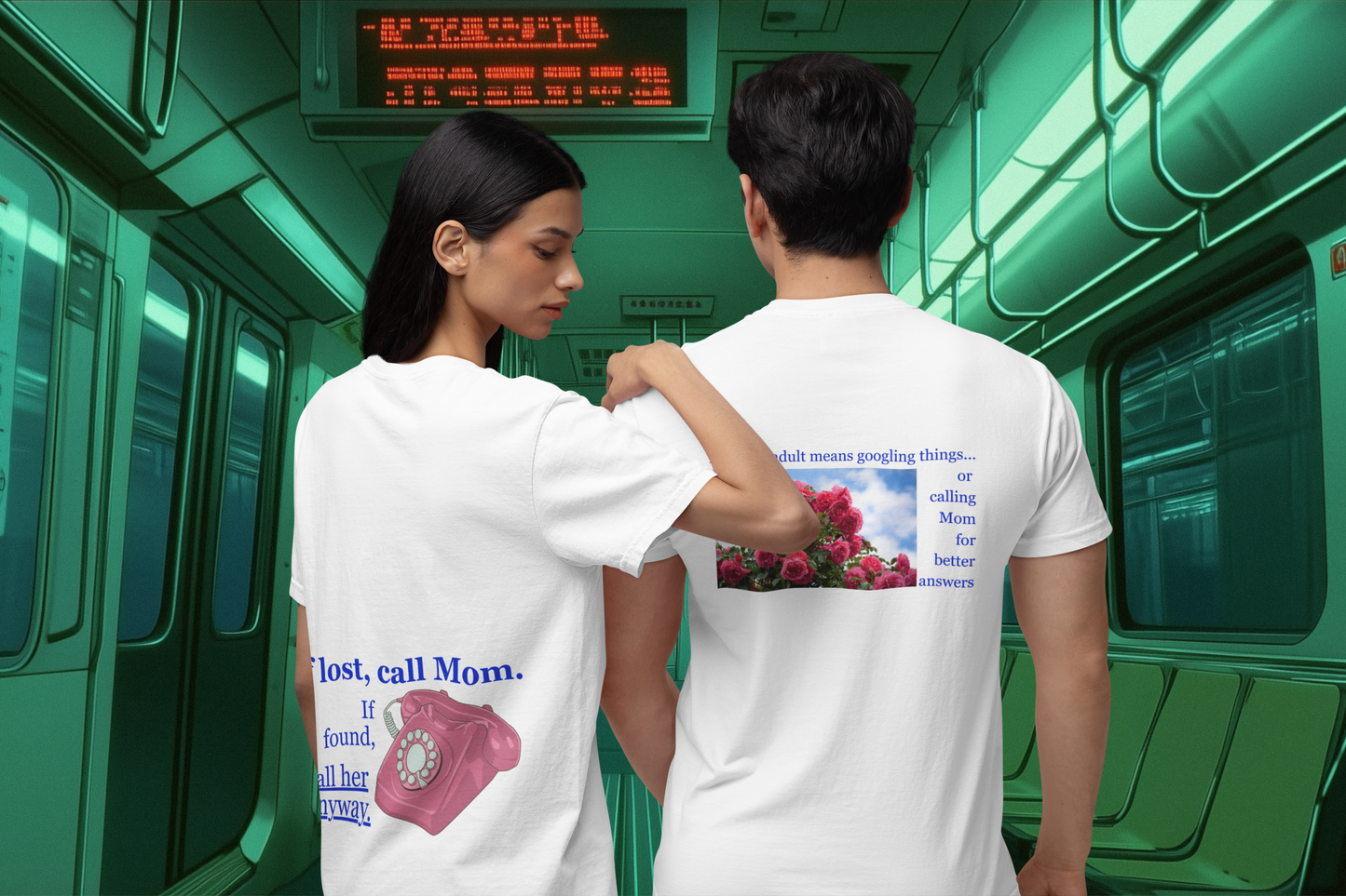 A man wearing "Being An Adult Means.. (White)" t-shirt, A women wearing "If Lost, Call Mom. If Found, Call Her Anyway." unisex oversized white t-shirt at back view - Unique Fashion Tops, funny and heartfelt quote design for adulthood and Mother's day - front and back print - Oh Mine Words.