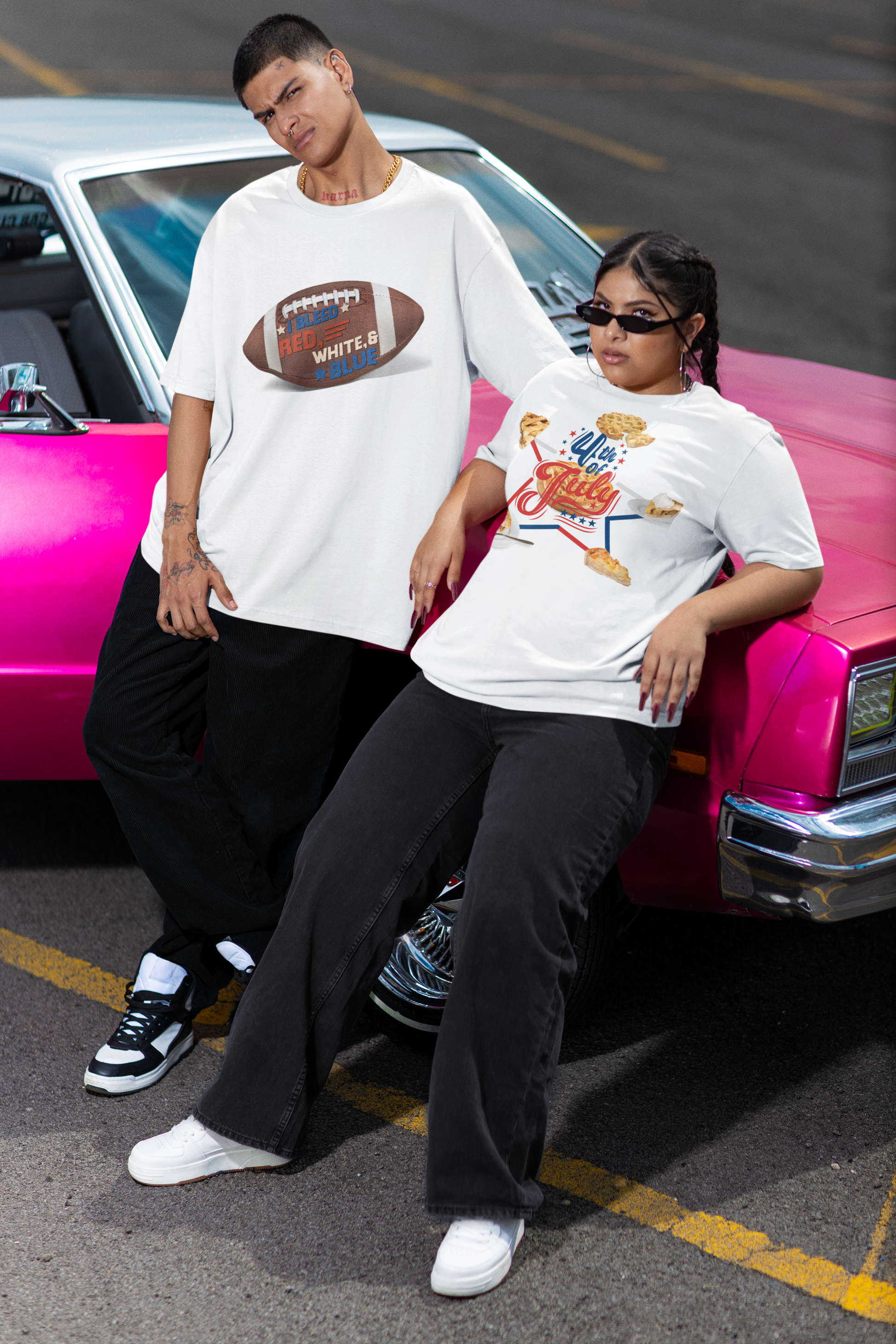 A man wearing "Classic American Football (White)", A women wearing "The Star of Apple Pies" - Unisex Oversized T-shirt at front view- Unique Fashion Tops Design for 4th of July, Front and Back Print - Oh Mine Words.