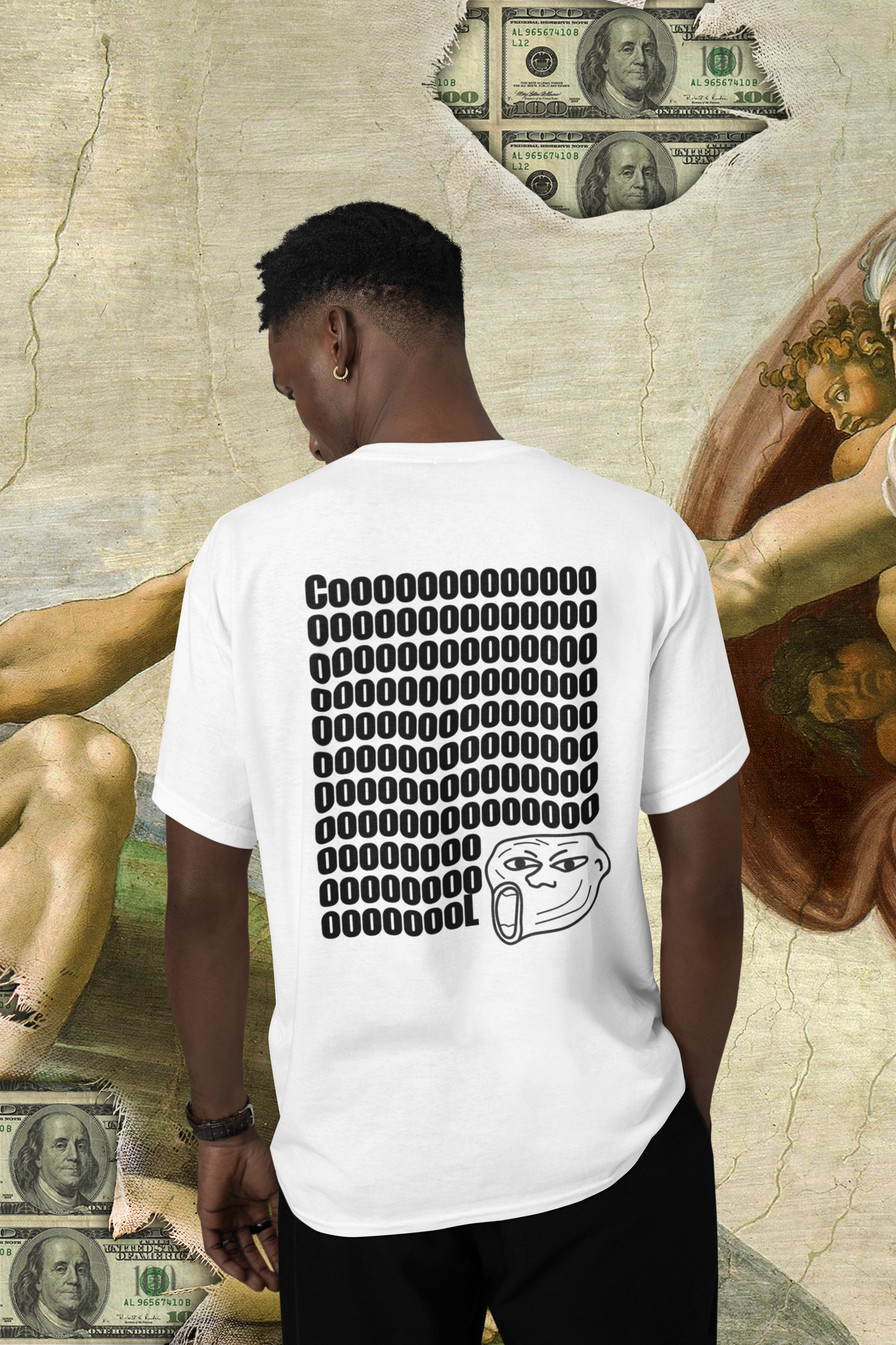 A man wearing "Cool" Words Expressed, Meme and Funny Tee at back view - Unisex Oversized White T-shirt – Unique Fashion Tops - Comfortable, Perfect for Teens and Adults. Front and Back Print – Oh Mine Words