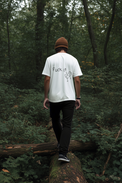 A man wearing Fuck it T-shirt at back view, Words Expressed and Funny Tee - Unisex Oversized White T-shirt – Unique Fashion Tops – Cool and Fun Design, Comfortable, Perfect for Teens and Adults. Front and Back Print – Oh Mine Words