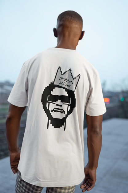 A man wearing "I, A Problem Solver" Unisex Oversized white Tee at back view. Unique fashion tops - wear comfy and standout with funny quote and pixel art. Front and back printed - Oh Mine Words