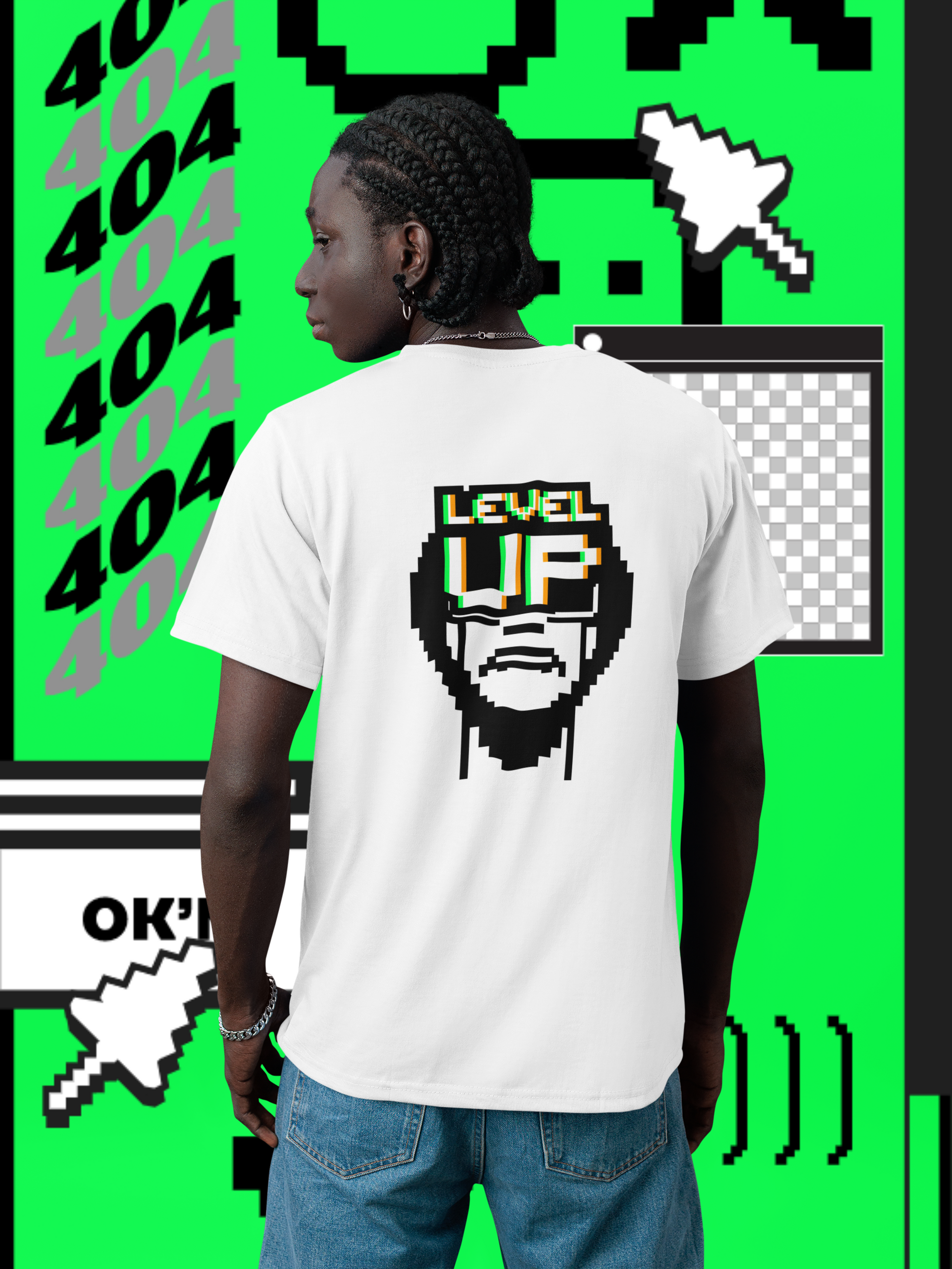 A man wearing "Level Up" unisex oversized white T-shirt at Back View. Unique fashion tops - Funny, cool and standout with pixel art graphic. Front and Back printed - Oh Mine Words