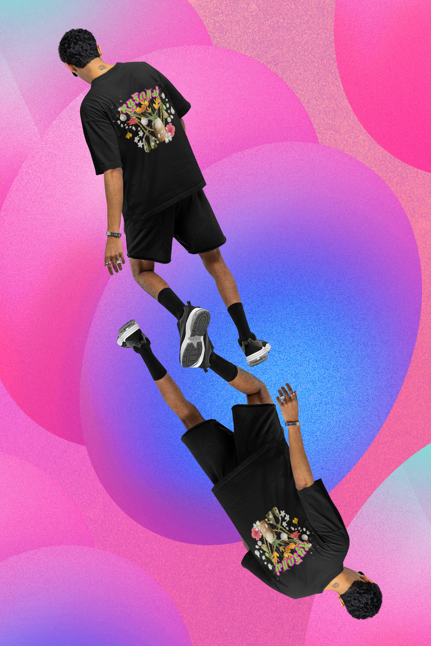 A man wearing "Limited Edition หนูรักแม่ (Style-07) Oversized Tee" unisex black t-shirt at back view - Unique fashion tops - Thai culture inspired, exotic design, standout, chic and cool. Perfect for everyday casual, summer and Mother's day. Front and back printed - Oh Mine Words