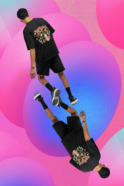 A man wearing "Limited Edition หนูรักแม่ (Style-07) Oversized Tee" unisex black t-shirt at back view - Unique fashion tops - Thai culture inspired, exotic design, standout, chic and cool. Perfect for everyday casual, summer and Mother's day. Front and back printed - Oh Mine Words