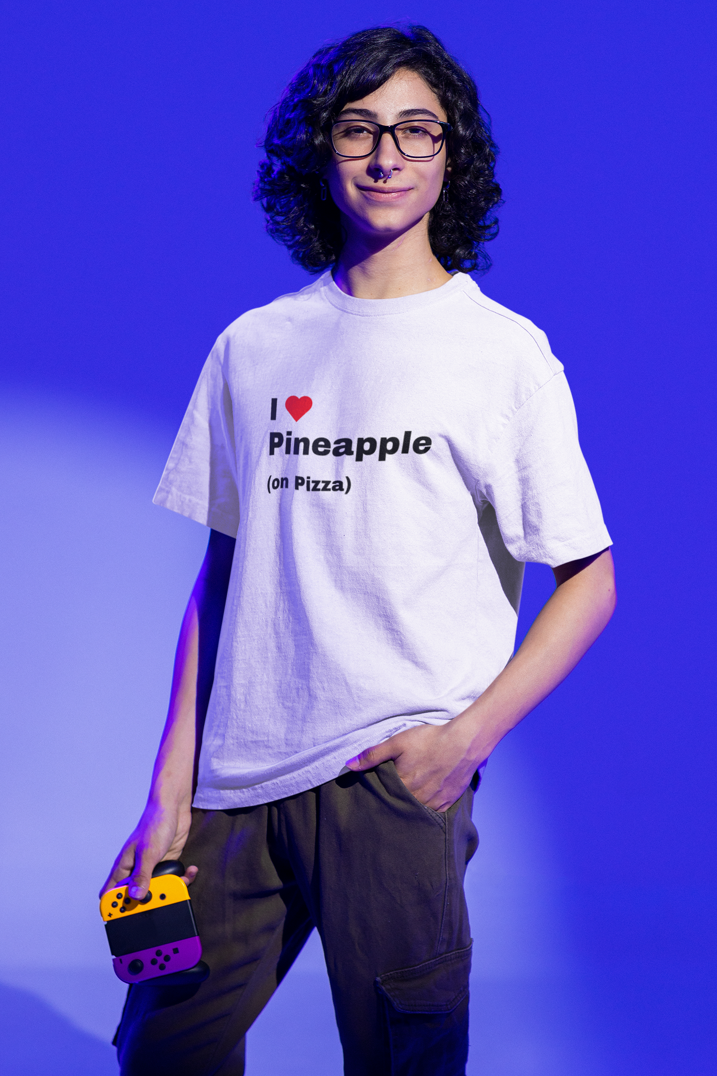 A man wearing "Not Suitable for Italian" T-shirt style-01 at front view - unisex oversized white tee. Unique fashion tops. Funny quote - chill, casual, foodie, pizza, pineapple. Front and back printed - Oh Mine Words