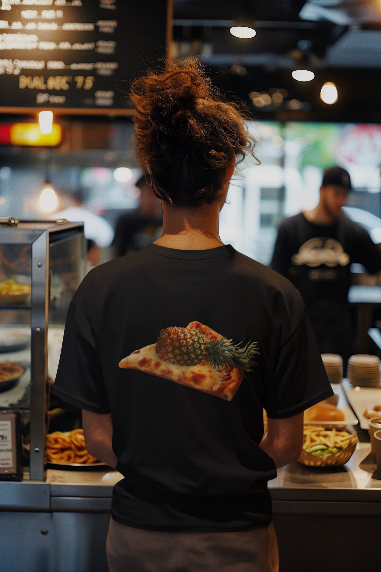 A man wearing "Not Suitable for Italian" T-shirt style-02 at back view - unisex oversized black tee. Unique fashion tops. Funny quote - chill, casual, foodie, pizza, pineapple. Front and back printed - Oh Mine Words