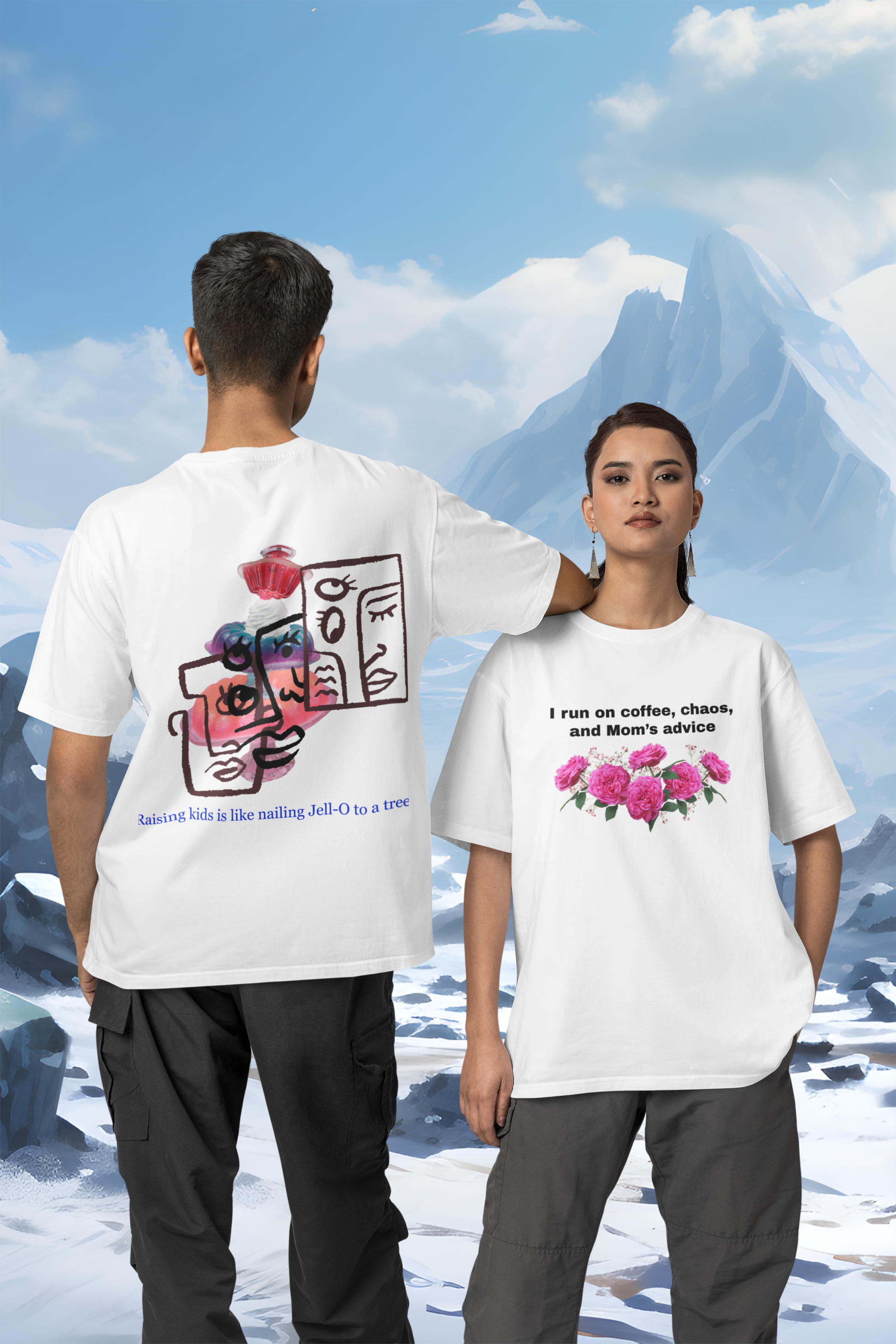 A man wearing "Raising kids is like nailing Jell-O to a tree", A women wearing "I run on Mom's advice Oversized T-Shirt" - white t-shirt - Unique Fashion Tops, Heartfelt and funny quote tee, cool, abstract art for adulthood, parents, dad and Mother's day - front and back print - Oh Mine Words.