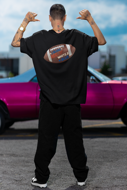 A man wearing Unisex Oversized "Classic American Football (Black)" T-shirt at back view - Unique Fashion Tops Design for 4th of July, Front and Back Print - Oh Mine Words.