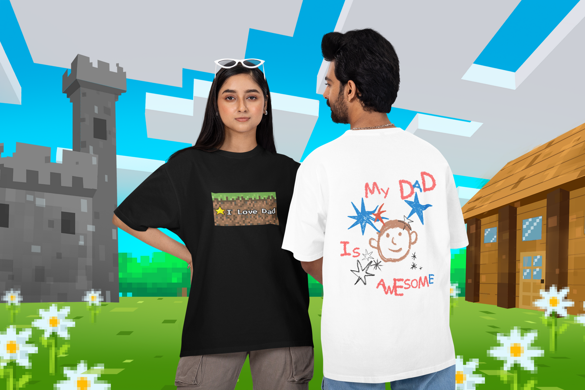 A man wearing Unisex Oversized "My Dad Is Awesome" White T-shirt at back view, Hand-Drawn design with inner child spirits – Unique Fashion Tops - Front and Back Print - Oh Mine Words.