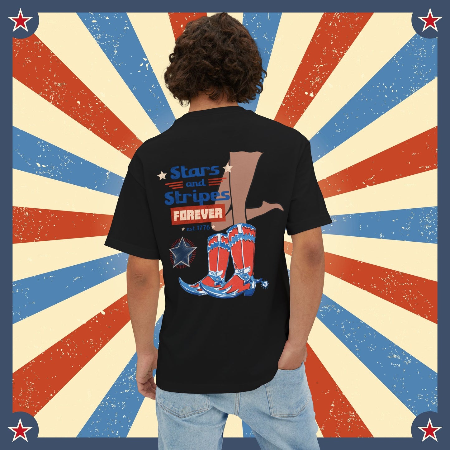 A man wearing Unisex Oversized "Stars and Stripes Forever" Black T-shirt at Back View - Unique Fashion Tops, Design for 4th of July, Classic, Vintage and Old-School. Front and Back Print - Oh Mine Words.