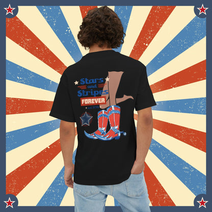 A man wearing Unisex Oversized "Stars and Stripes Forever" Black T-shirt at Back View - Unique Fashion Tops, Design for 4th of July, Classic, Vintage and Old-School. Front and Back Print - Oh Mine Words.