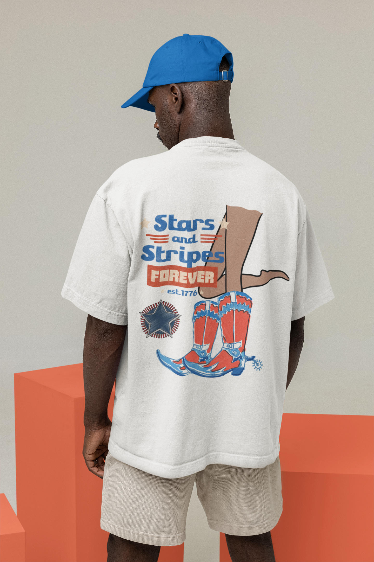 A man wearing Unisex Oversized "Stars and Stripes Forever" White T-shirt at Back View - Unique Fashion Tops, Design for 4th of July, Classic, Vintage and Old-School. Front and Back Print - Oh Mine Words.