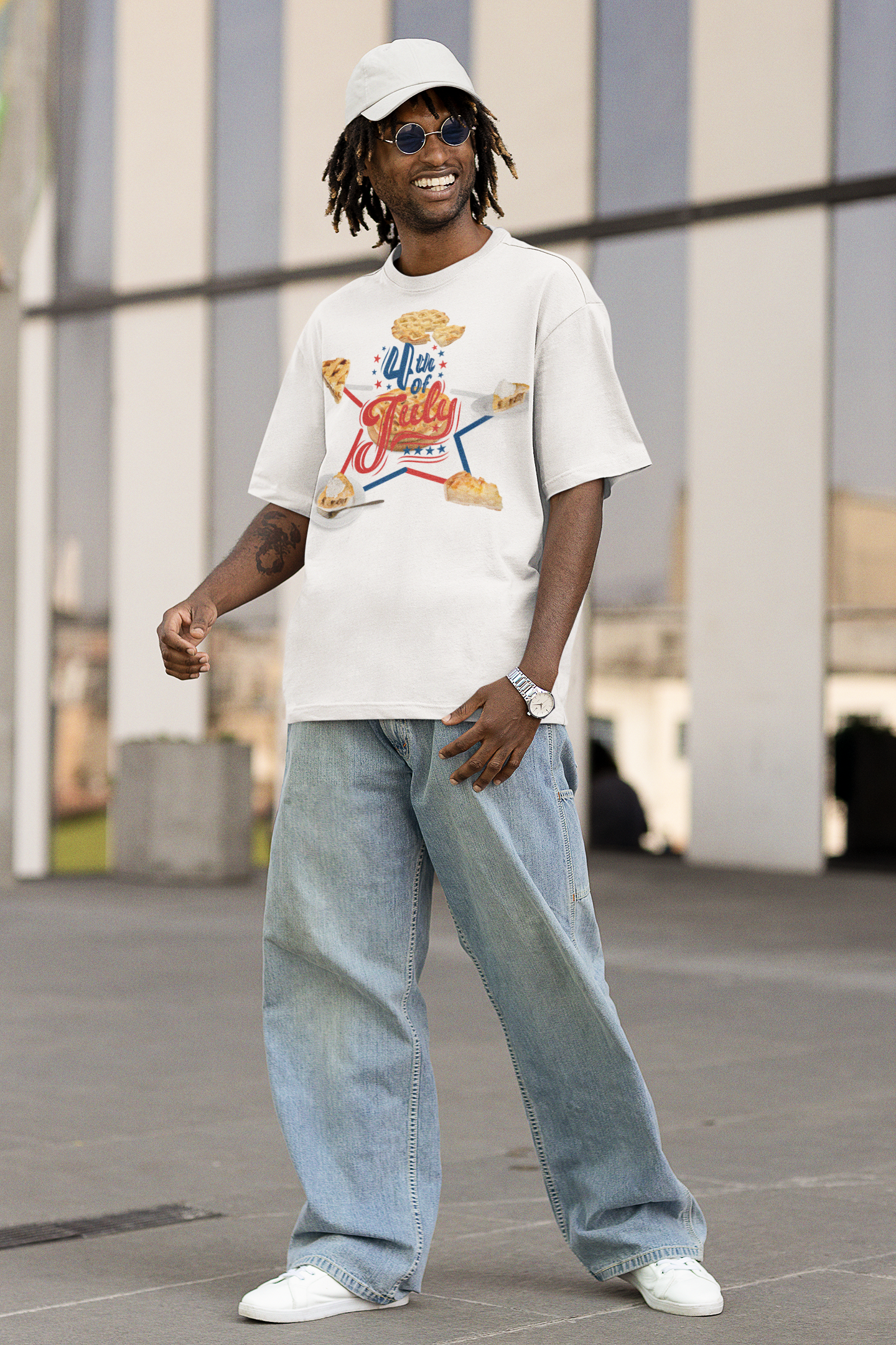 A man wearing Unisex Oversized "The Star of Apple Pies" White T-shirt at front view- Unique Fashion Tops Design for 4th of July, Front and Back Print - Oh Mine Words.