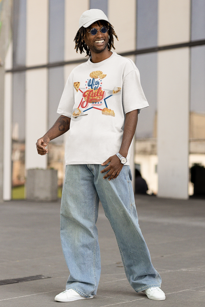 A man wearing Unisex Oversized "The Star of Apple Pies" White T-shirt at front view- Unique Fashion Tops Design for 4th of July, Front and Back Print - Oh Mine Words.