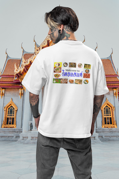 A man wearing "Welcome to ไทยแลนด์ (Thailand)" Comfortable Unisex Oversized White T-shirt at back view - Unique Fashion Tops - Foodie, Thai Style, Bangkok - Front and Back printed tee - Oh Mine Words
