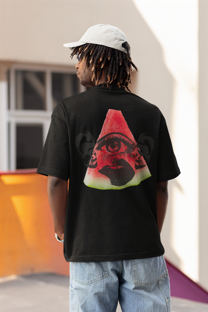 A man wearing unisex "Isosceles Red Face" Oversized T-Shirt (Black) for American's 4th of July at back view - Streetwear, Chic, Cool, Unique fashion tops - Front and Back print - Oh Mine Words