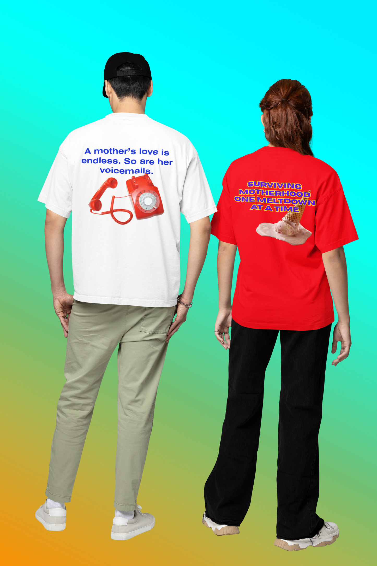 A man wearing unisex oversized "A mother's love is endless" white t-shirt, back view - unique fashion tops, funny quote for adulthood and Mother's day. Front and Back Print - Oh Mine Words.