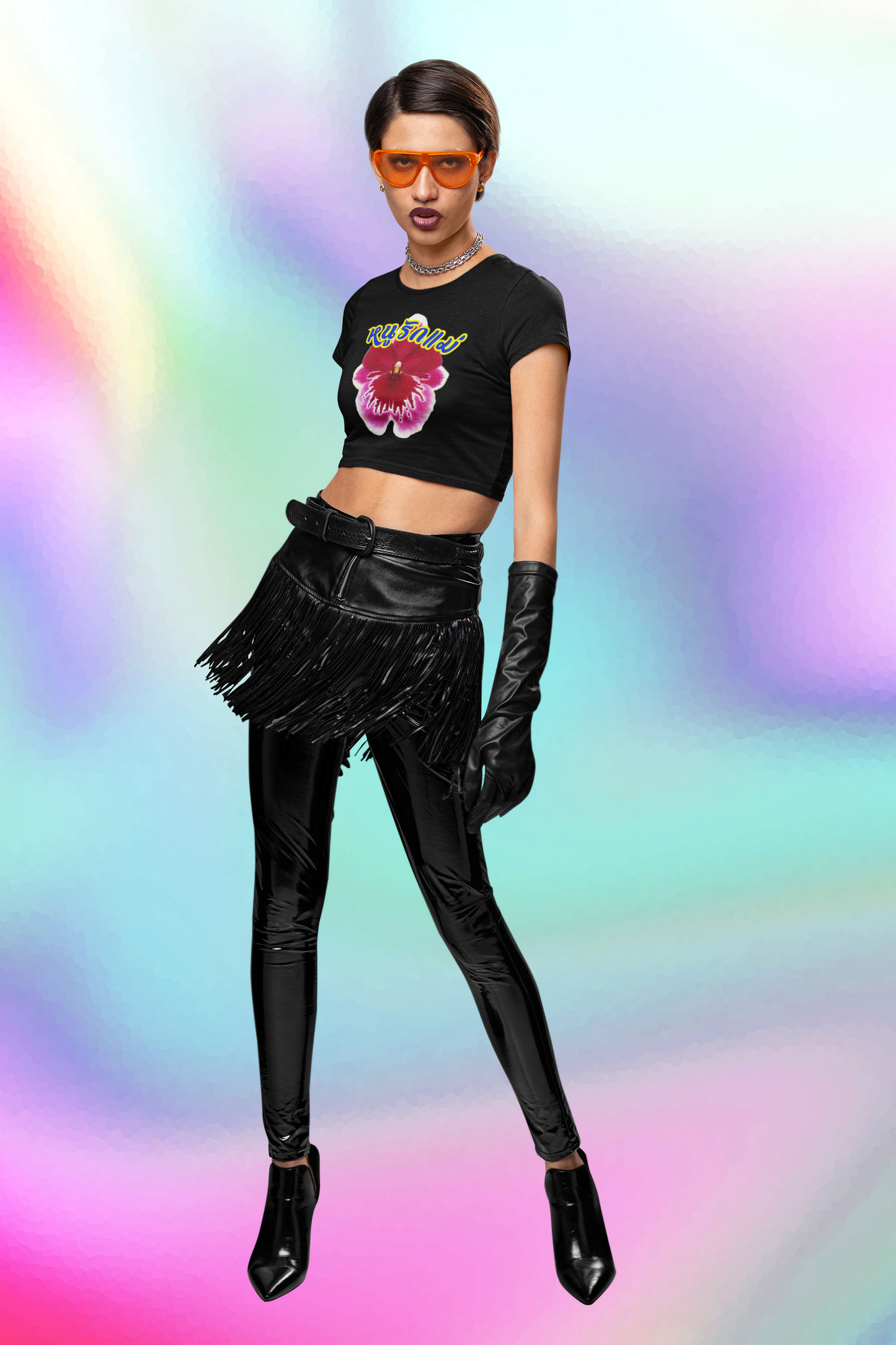 A person wearing "หนูรักแม่ เบบี้ที (ดอกกล้วยไม้) - I Love Mom Baby Tee (Orchid)" black baby tee/ crop tops/ tank tops/ slim fit tee at front view - Unique fashion tops for casual wear or Mother's day - Thai twist Y2k style -  Front and Back printed T-shirt - Oh Mine Words