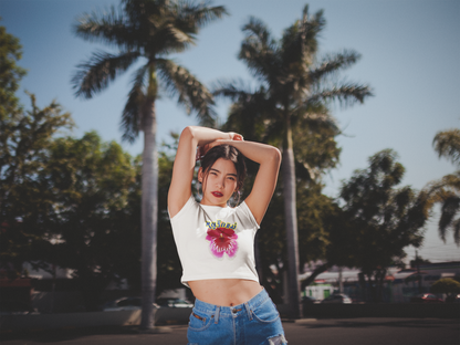 A women wearing "หนูรักแม่ เบบี้ที (ดอกกล้วยไม้) - I Love Mom Baby Tee (Orchid)" white baby tee/ crop tops/ tank tops/ slim fit tee at front view - Unique fashion tops for casual wear or Mother's day - Thai twist Y2k style - Front and Back printed T-shirt - Oh Mine Words