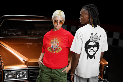 A women wearing "Hanuman Ji" red tee at front view, A man wearing "I, A Problem Solver" white Tee at back view - Unisex Oversized. Unique fashion tops - wear comfy and standout with funny quote, pixel art, God and Religious graphic. Front and back printed - Oh Mine Words