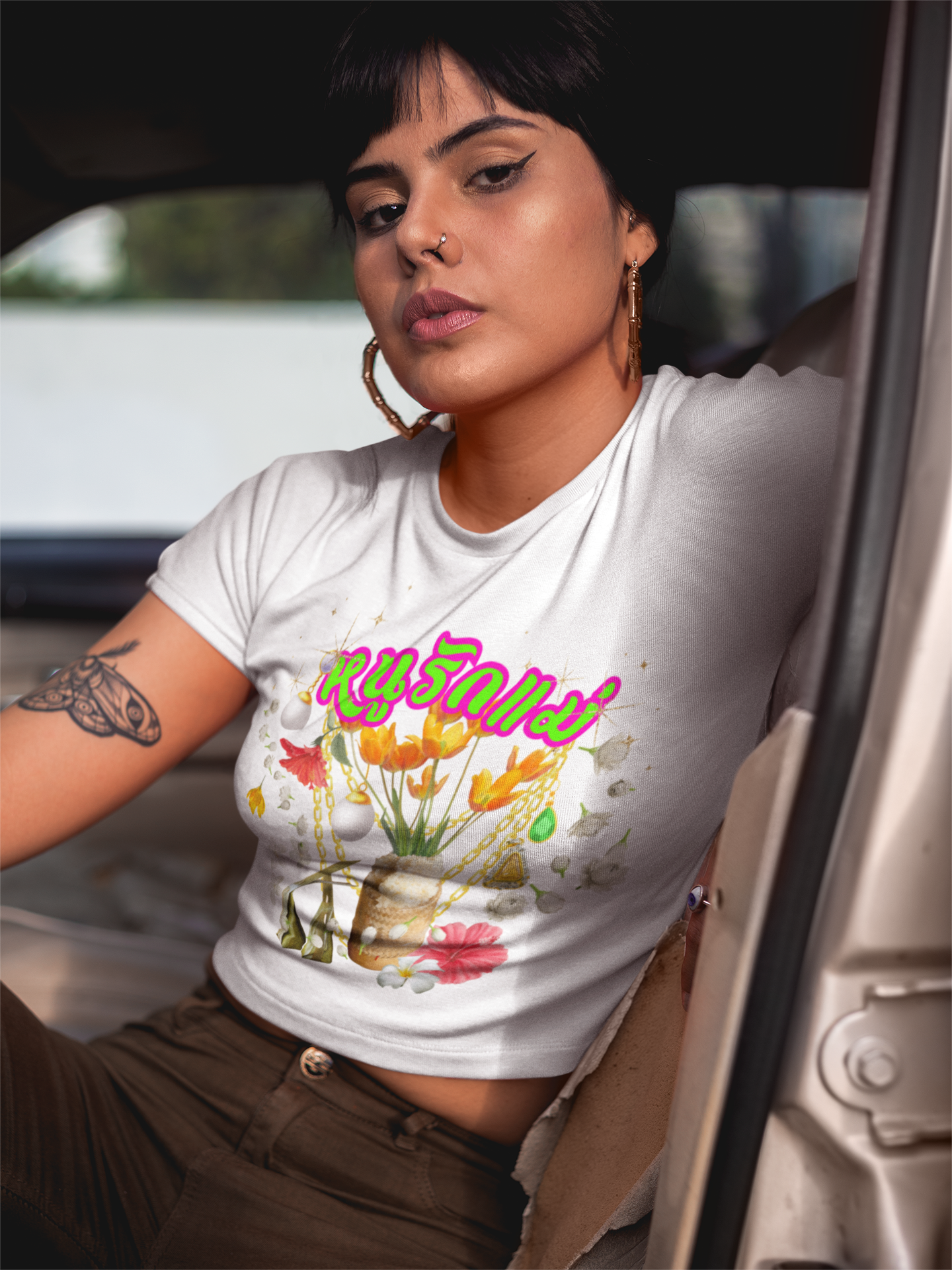 A women wearing "Limited Edition หนูรักแม่ (Style-07) Baby Tee" slim fit white tee at front view - Unique fashion tops - Thai culture inspired, exotic design, standout, chic and cool. Perfect for everyday casual, summer and Mother's day. Front and back printed - Oh Mine Words