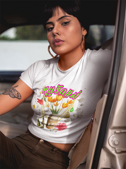 A women wearing "Limited Edition หนูรักแม่ (Style-07) Baby Tee" slim fit white tee at front view - Unique fashion tops - Thai culture inspired, exotic design, standout, chic and cool. Perfect for everyday casual, summer and Mother's day. Front and back printed - Oh Mine Words