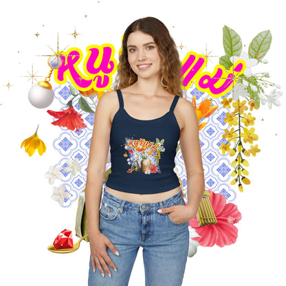 A women wearing "Limited Edition หนูรักแม่ (Weave Style-01) Spaghetti Strap" at Front view - solid navy blend women tops - Unique fashion tops - Thai culture inspired, exotic design, standout, chic and cool. Perfect for everyday casual, summer and Mother's day. Front and back printed - Oh Mine Words
