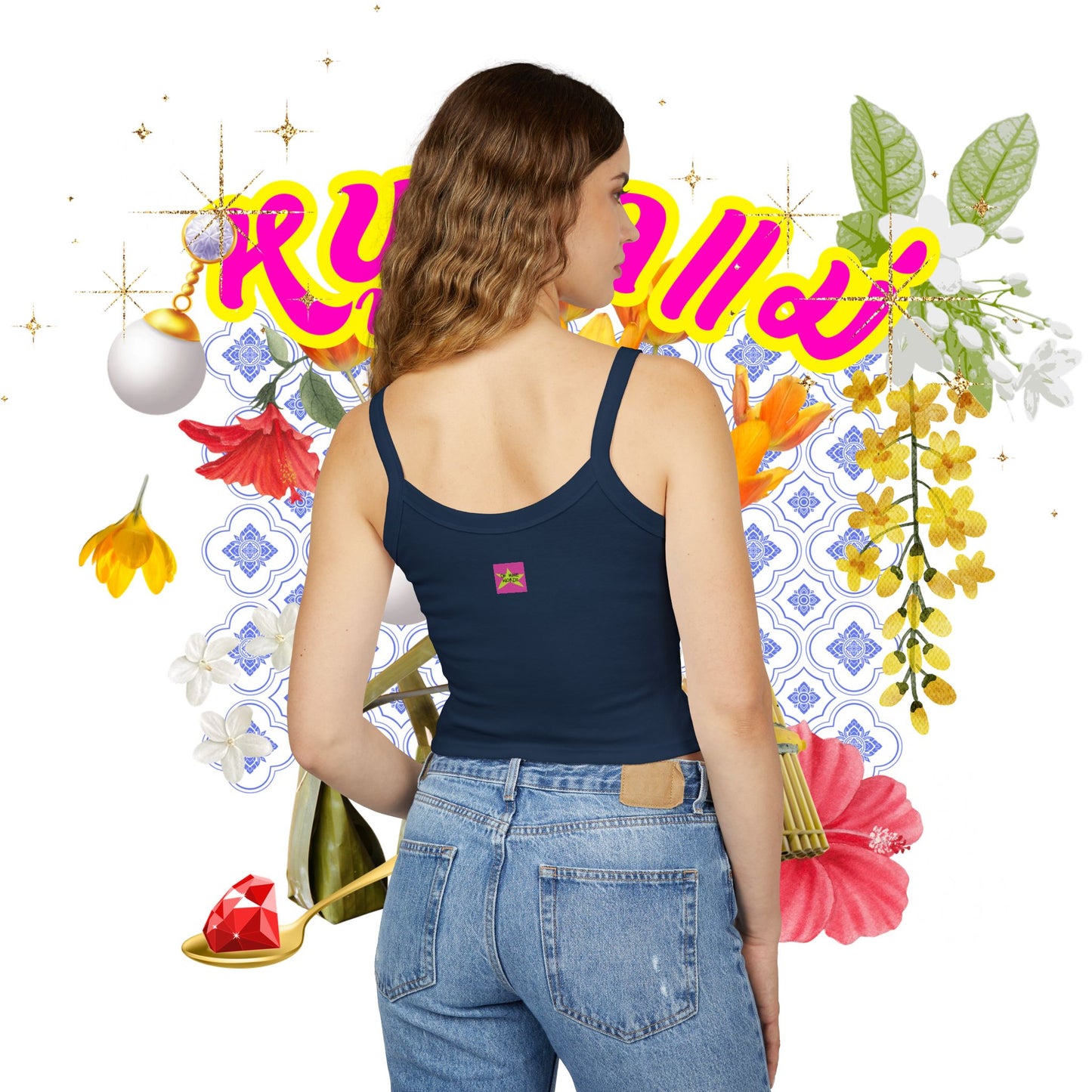 A women wearing "Limited Edition หนูรักแม่ (Weave Style-01) Spaghetti Strap" at back view, Brand logo screen - Oh Mine Words, - solid navy blend women tops - Unique fashion tops - Thai culture inspired, exotic design, standout, chic and cool. Perfect for everyday casual, summer and Mother's day. Front and back printed.
