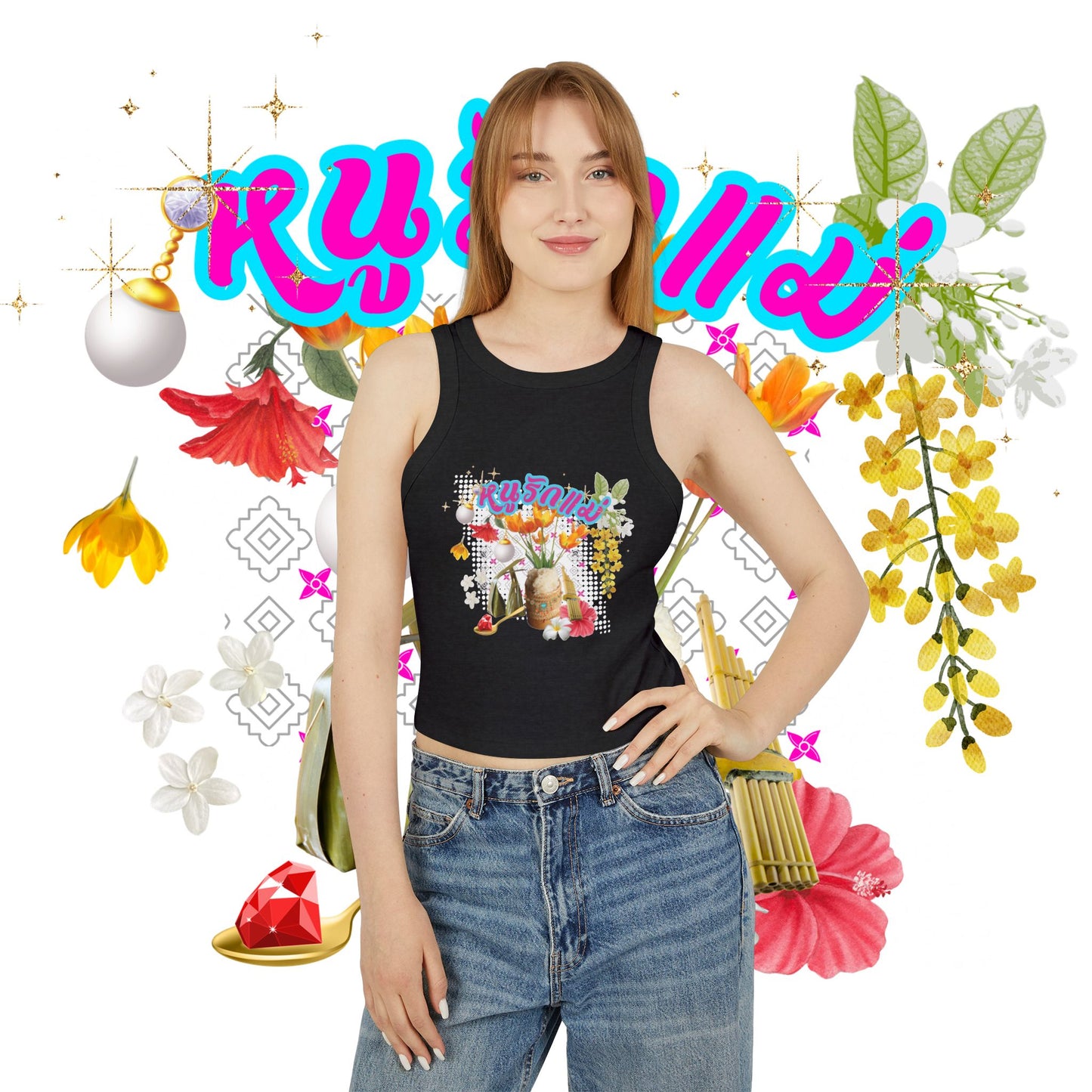 A women wearing "Limited Edition หนูรักแม่ (Weave Style-13) Micro Rib Racer Tank Top" black tank top at front view - Unique fashion tops - Thai culture inspired, exotic design, standout, chic and cool. Perfect for everyday casual, summer and Mother's day. Front and back printed.
