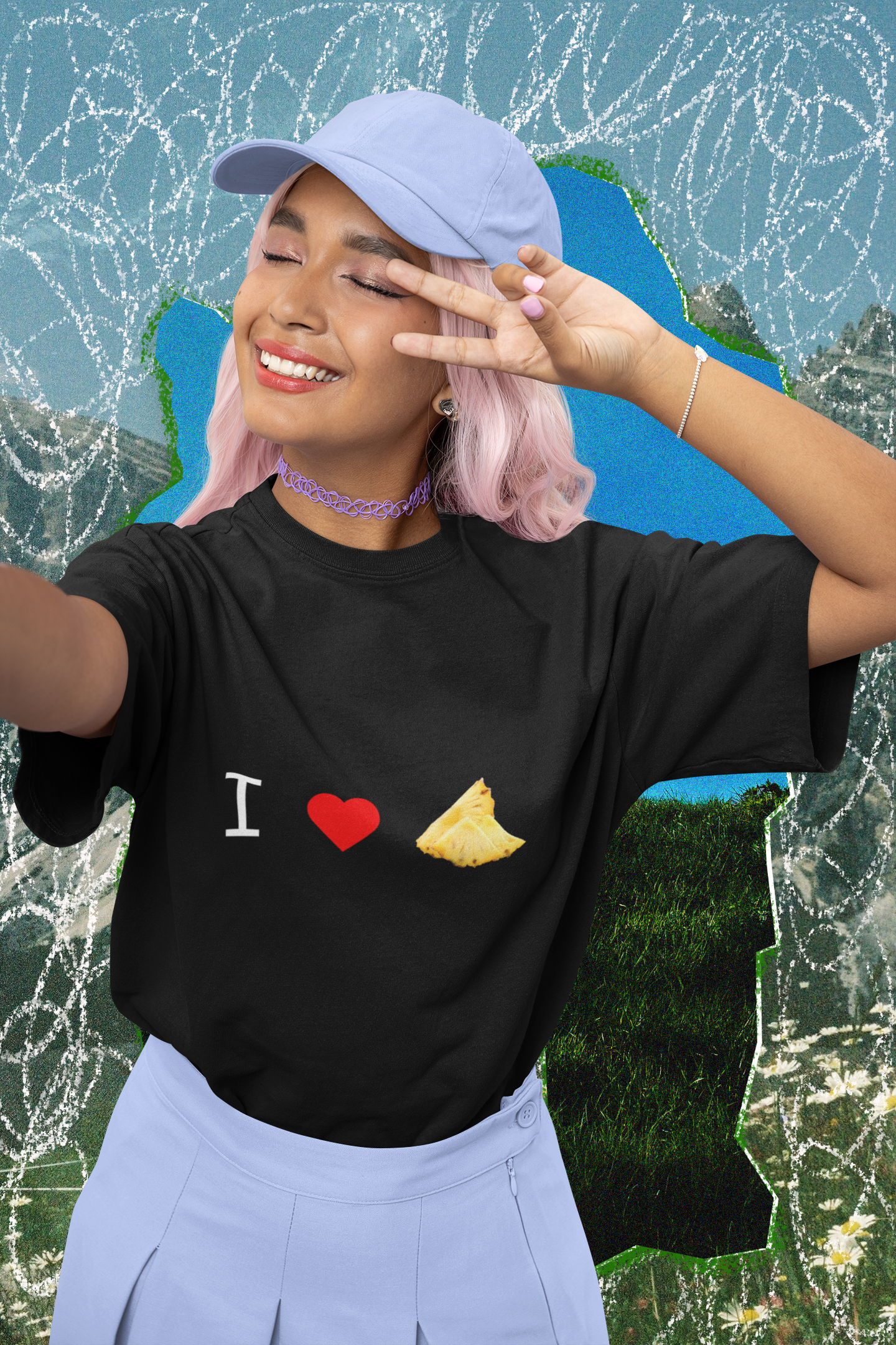 A women wearing "Not Suitable for Italian" T-shirt style-02 at front view - unisex oversized black tee. Unique fashion tops. Funny quote - chill, casual, foodie, pizza, pineapple. Front and back printed - Oh Mine Words