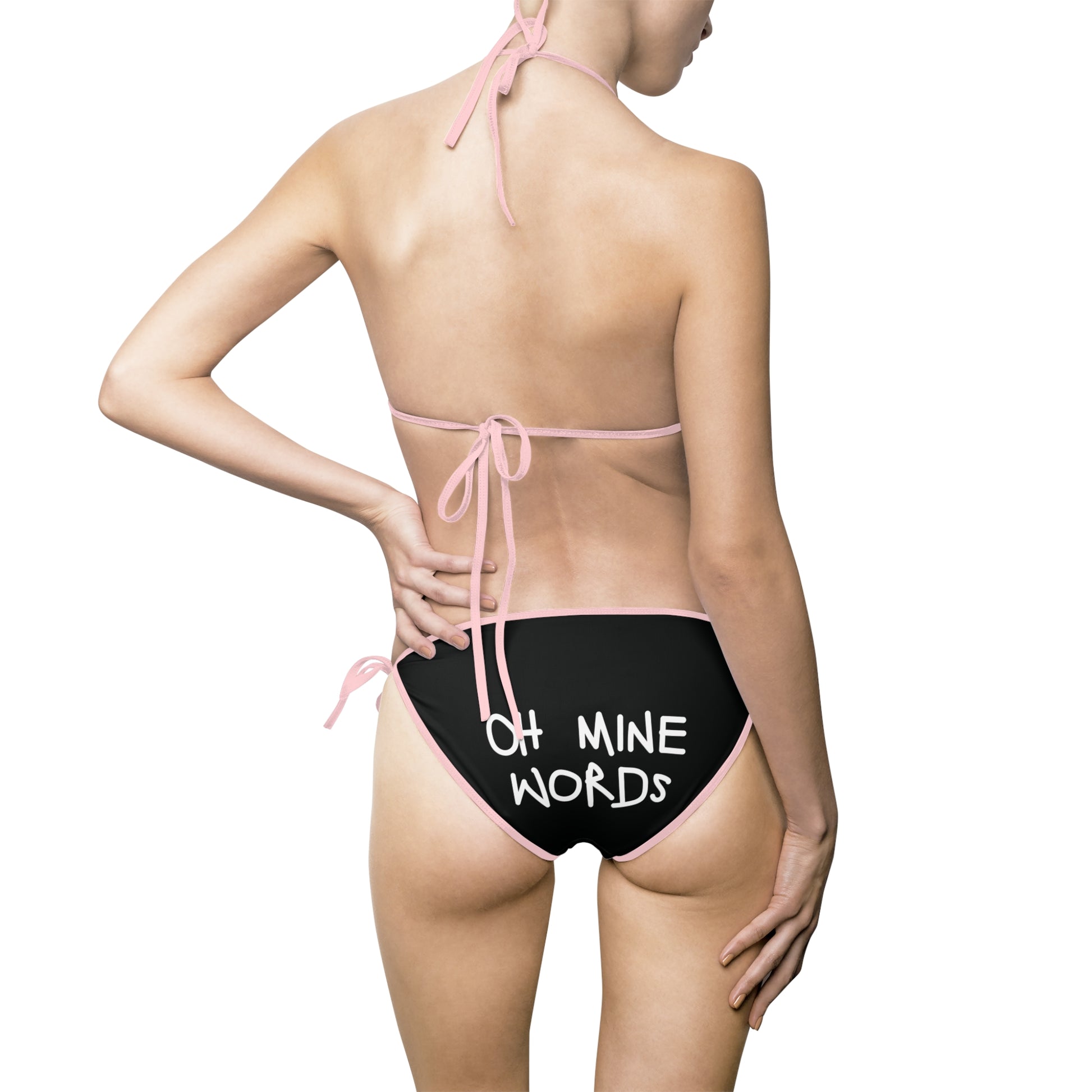 A women wearing OMW Black (Light-Pink Strap) Bikini at back view - All Over Prints Summer Bikini, Unique fashion tops - Oh Mine Words/ OMW OG! Collection