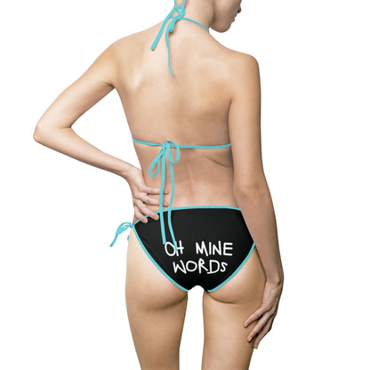 A women wearing OMW Black (Ocean-Blue Strap) Bikini at back view - All Over Prints Summer Bikini, Unique fashion tops - Oh Mine Words/ OMW OG! Collection