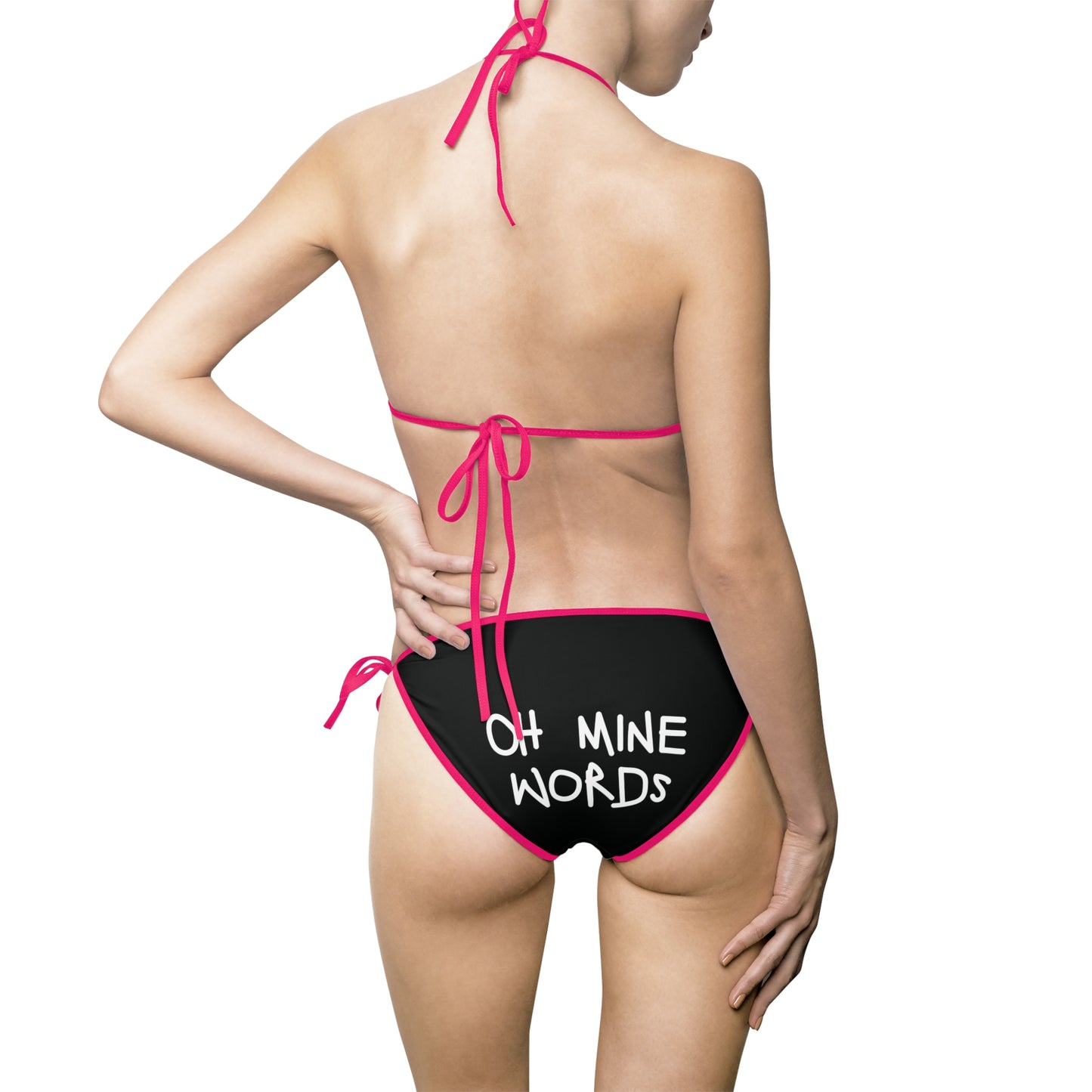 A women wearing OMW Black (Pink Strap) Bikini at back view - All Over Prints Summer Bikini, Unique fashion tops - Oh Mine Words/ OMW OG! Collection
