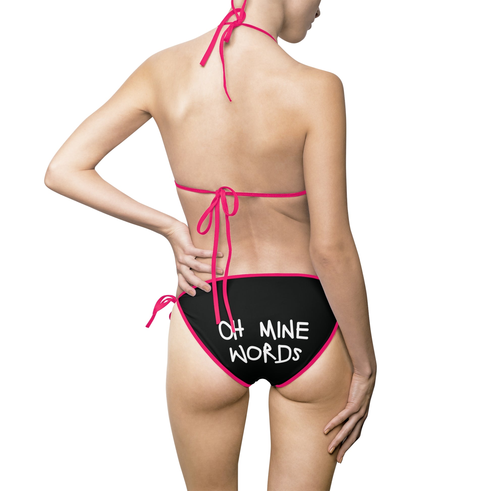 A women wearing OMW Black (Pink Strap) Bikini at back view - All Over Prints Summer Bikini, Unique fashion tops - Oh Mine Words/ OMW OG! Collection