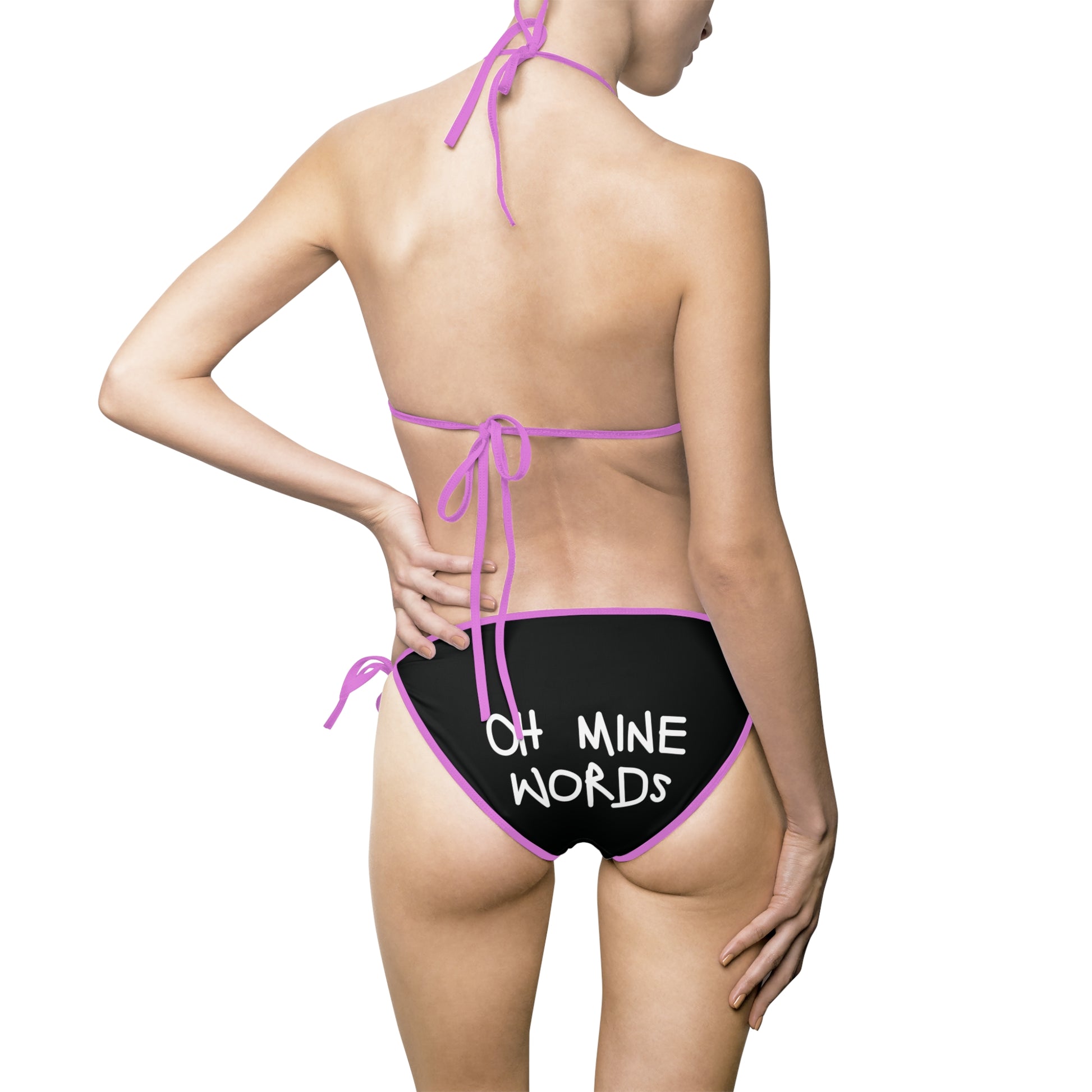 A women wearing OMW Black (Purple Strap) Bikini at back view - All Over Prints Summer Bikini, Unique fashion tops - Oh Mine Words/ OMW OG! Collection