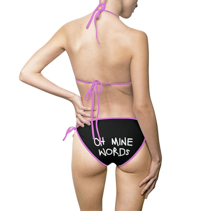 A women wearing OMW Black (Purple Strap) Bikini at back view - All Over Prints Summer Bikini, Unique fashion tops - Oh Mine Words/ OMW OG! Collection