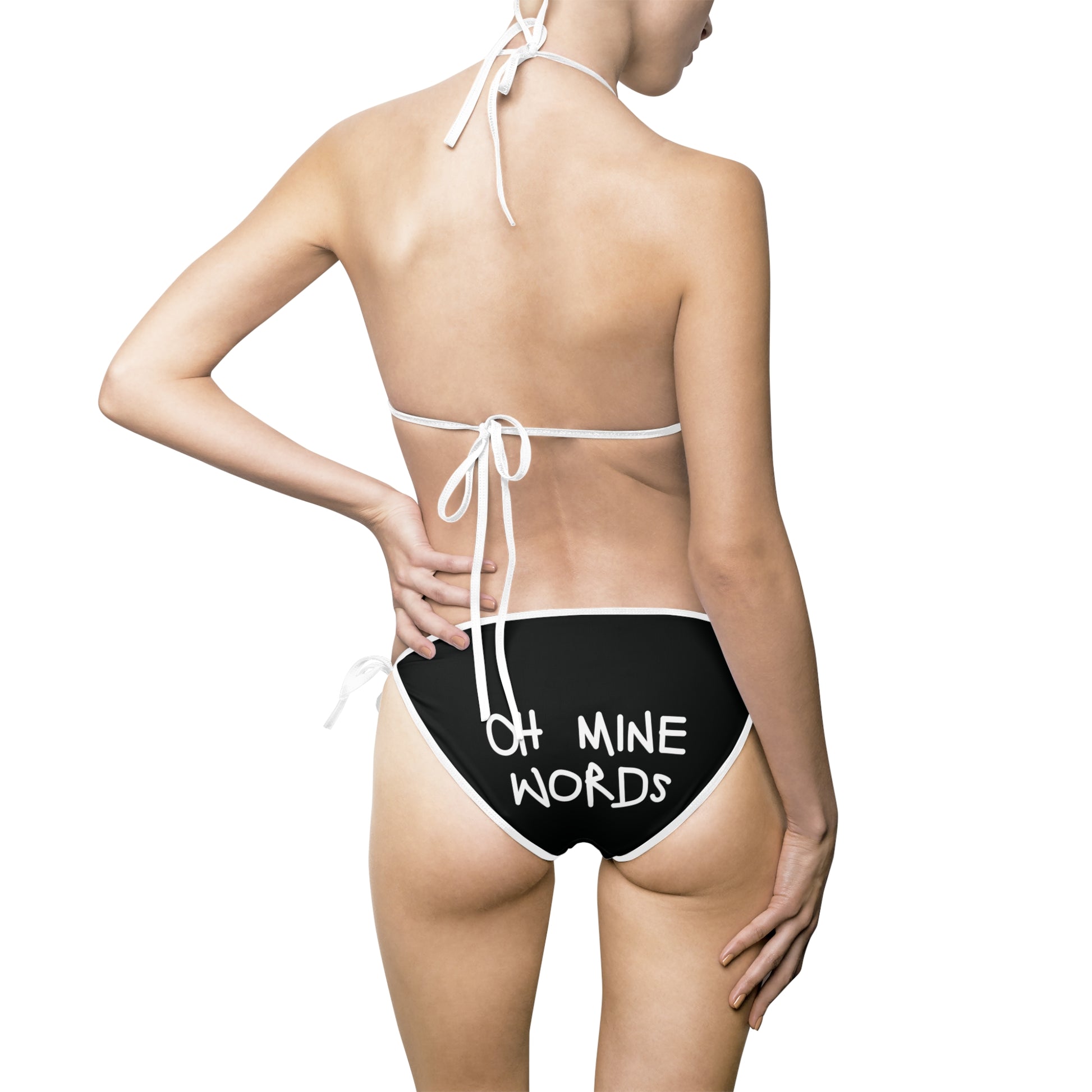A women wearing OMW Black (White Strap) Bikini at back view - All Over Prints Summer Bikini, Unique fashion tops - Oh Mine Words/ OMW OG! Collection