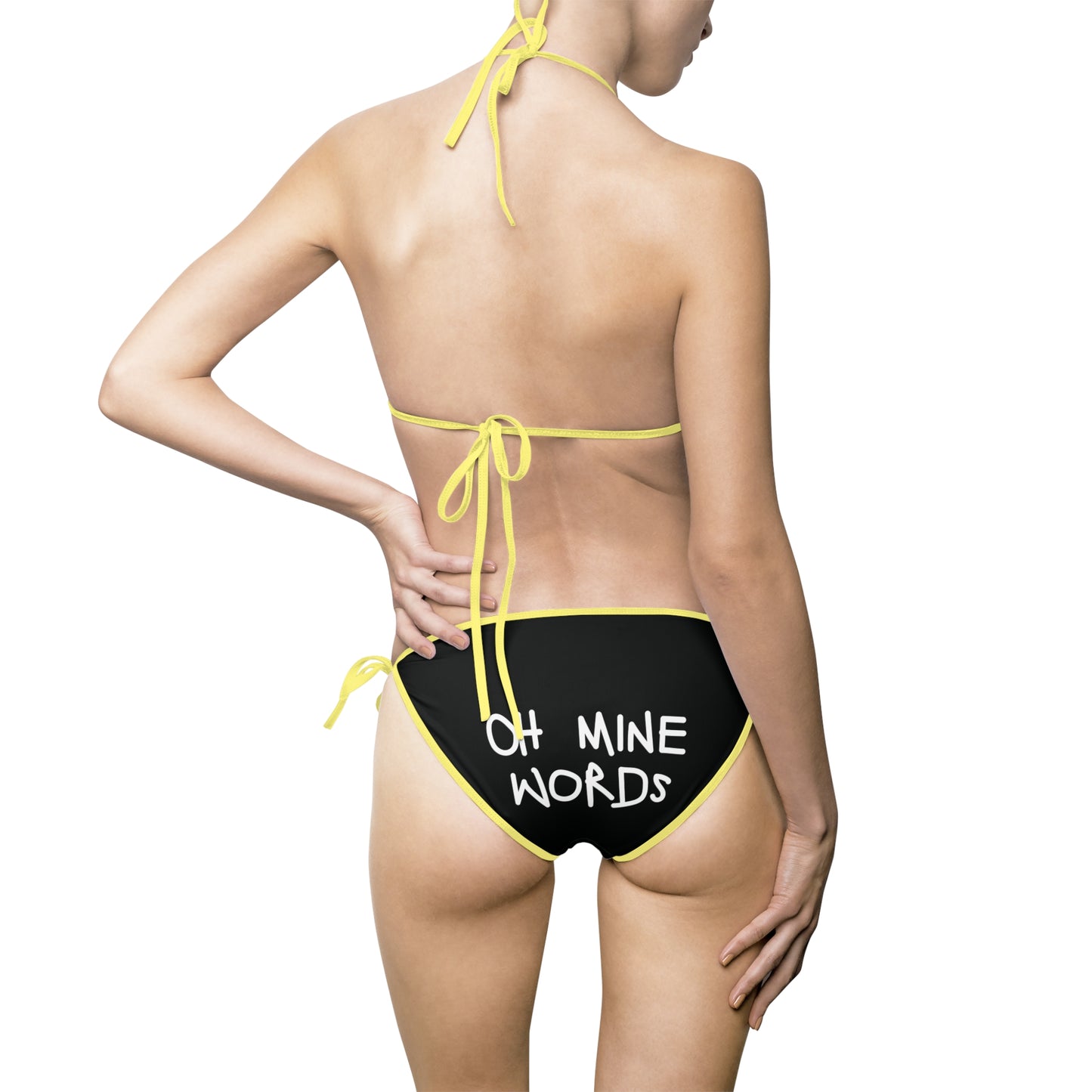 A women wearing OMW Black (Yellow Strap) Bikini at back view - All Over Prints Summer Bikini, Unique fashion tops - Oh Mine Words/ OMW OG! Collection